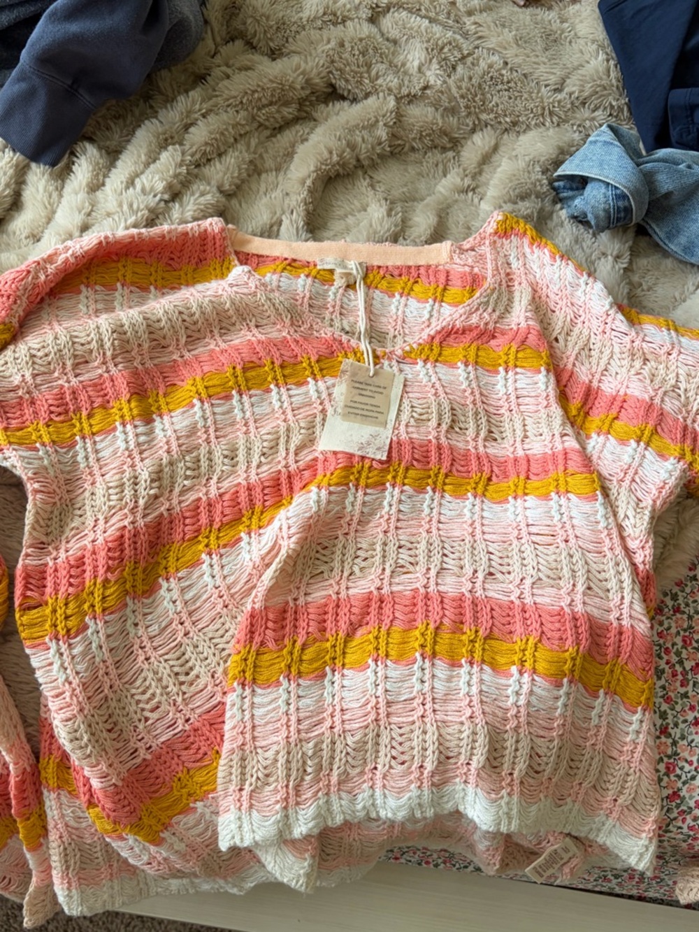 Striped Open-Knit Women's Sweater in Pink, Cream & Mustard